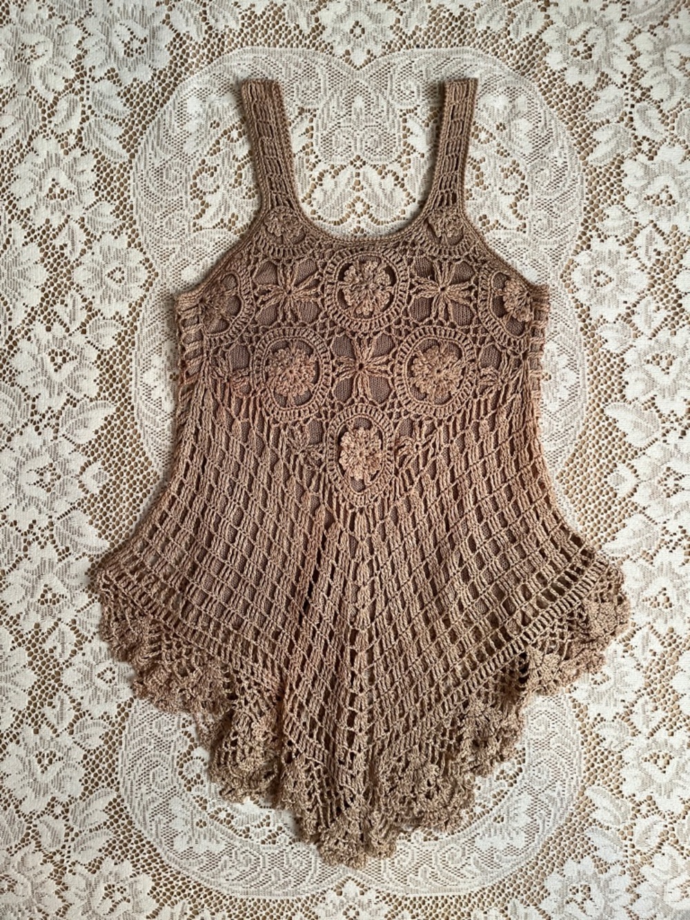 Crochet Double Lined Asymmetric Hem Tank, Tan, Size S/M - Picture 3 of 5